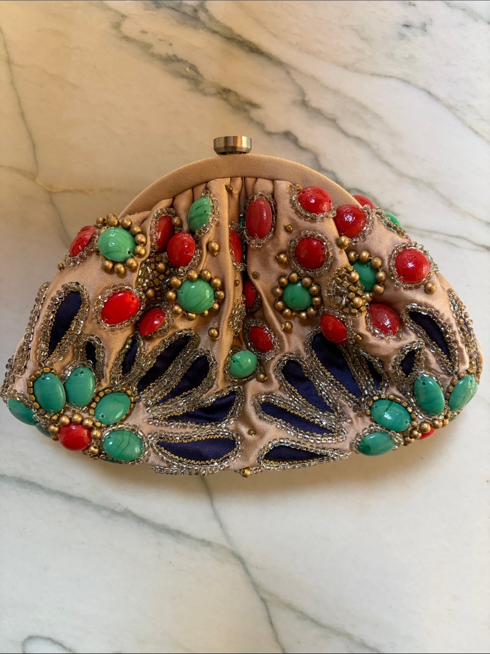 Santo beaded Embellished Floral Clutch, Beige, Turquoise & Red & Navy w chain - Picture 5 of 11